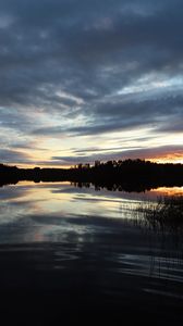 Preview wallpaper lake, trees, sunset, sky, clouds