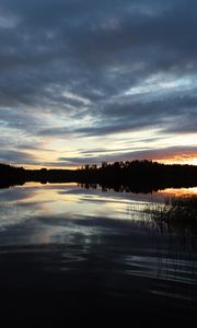 Preview wallpaper lake, trees, sunset, sky, clouds