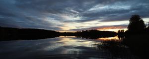 Preview wallpaper lake, trees, sunset, sky, clouds