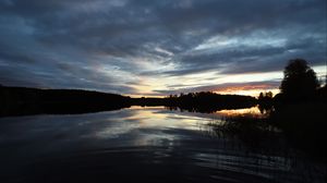 Preview wallpaper lake, trees, sunset, sky, clouds