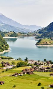 Preview wallpaper lake, valley, houses, mountains, landscape