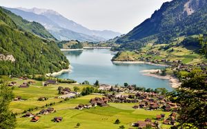 Preview wallpaper lake, valley, houses, mountains, landscape