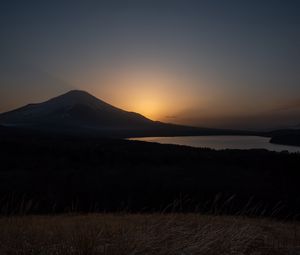 Preview wallpaper lake, volcano, grass, nature, dark