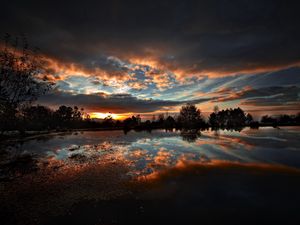 Preview wallpaper lake, water, evening, twilight, reflection, clouds, mirror