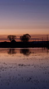 Preview wallpaper lake, water, houses, sunset, dark