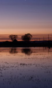 Preview wallpaper lake, water, houses, sunset, dark