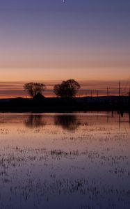 Preview wallpaper lake, water, houses, sunset, dark