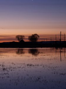 Preview wallpaper lake, water, houses, sunset, dark