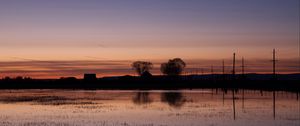 Preview wallpaper lake, water, houses, sunset, dark