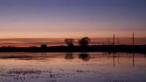 Preview wallpaper lake, water, houses, sunset, dark