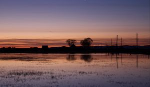 Preview wallpaper lake, water, houses, sunset, dark