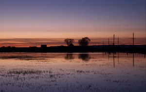 Preview wallpaper lake, water, houses, sunset, dark