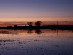 Preview wallpaper lake, water, houses, sunset, dark