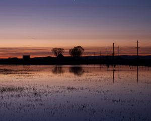 Preview wallpaper lake, water, houses, sunset, dark