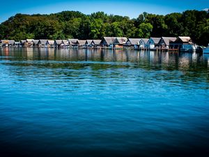 Preview wallpaper lake, water, houses, roofs, trees