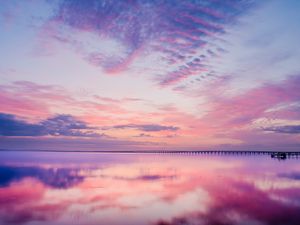 Preview wallpaper lake, water, reflection, pier, clouds, nature