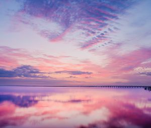 Preview wallpaper lake, water, reflection, pier, clouds, nature