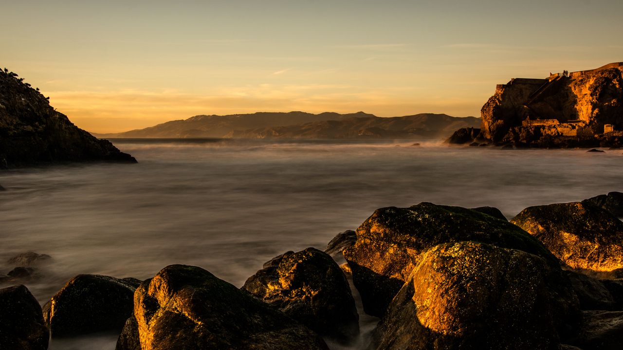 Wallpaper lake, water, rocks, stones, sunset, nature, landscape