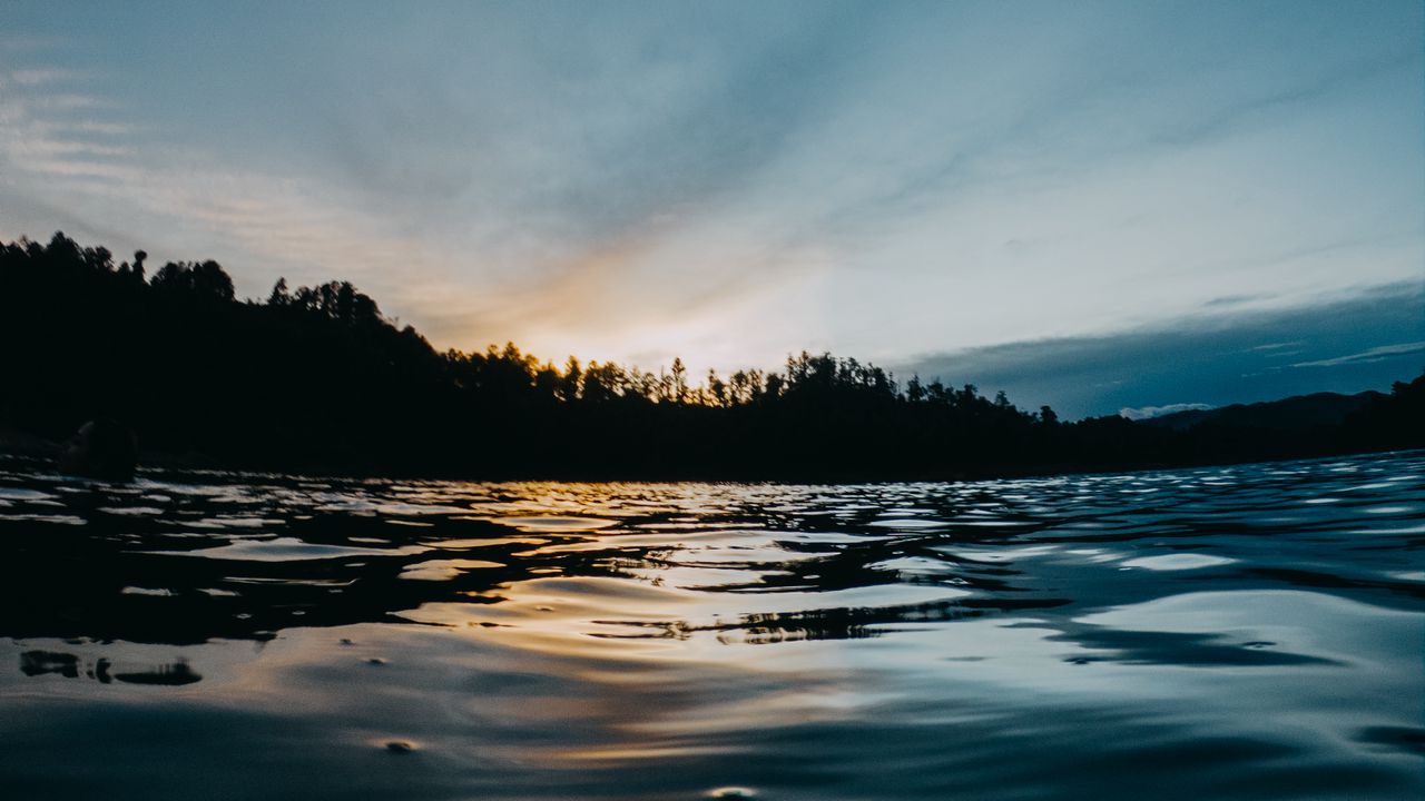 Wallpaper lake, water, shore, sunset, dark