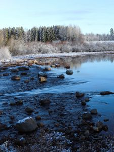 Preview wallpaper lake, water, stones, snow, trees, winter, forest, nature