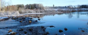 Preview wallpaper lake, water, stones, snow, trees, winter, forest, nature
