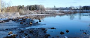 Preview wallpaper lake, water, stones, snow, trees, winter, forest, nature