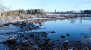 Preview wallpaper lake, water, stones, snow, trees, winter, forest, nature