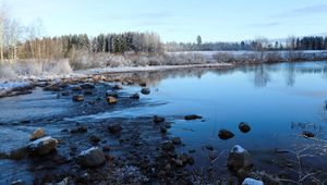 Preview wallpaper lake, water, stones, snow, trees, winter, forest, nature