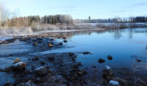 Preview wallpaper lake, water, stones, snow, trees, winter, forest, nature