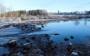 Preview wallpaper lake, water, stones, snow, trees, winter, forest, nature