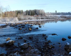 Preview wallpaper lake, water, stones, snow, trees, winter, forest, nature