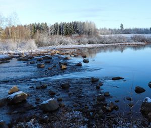 Preview wallpaper lake, water, stones, snow, trees, winter, forest, nature