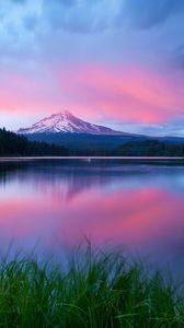 Preview wallpaper lake, water table, grass, distance, mountains