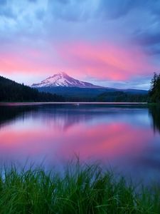 Preview wallpaper lake, water table, grass, distance, mountains