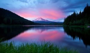 Preview wallpaper lake, water table, grass, distance, mountains