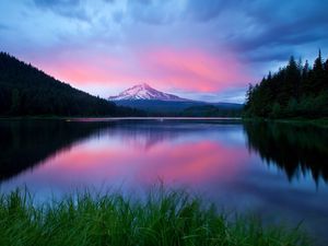 Preview wallpaper lake, water table, grass, distance, mountains