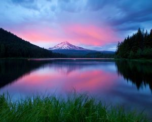 Preview wallpaper lake, water table, grass, distance, mountains