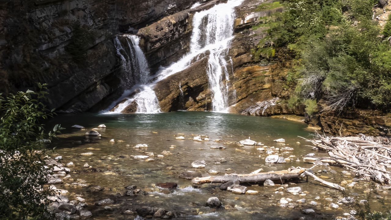 Wallpaper lake, waterfall, mountains, nature, stones