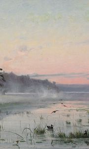 Preview wallpaper lake, wefts, fog, morning, painting, art, canes