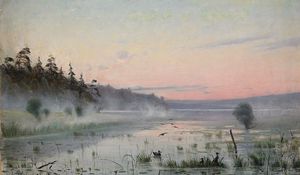 Preview wallpaper lake, wefts, fog, morning, painting, art, canes