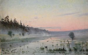 Preview wallpaper lake, wefts, fog, morning, painting, art, canes