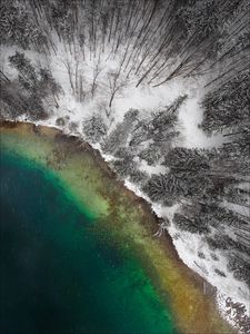 Preview wallpaper lake, winter, snow, aerial view, trees