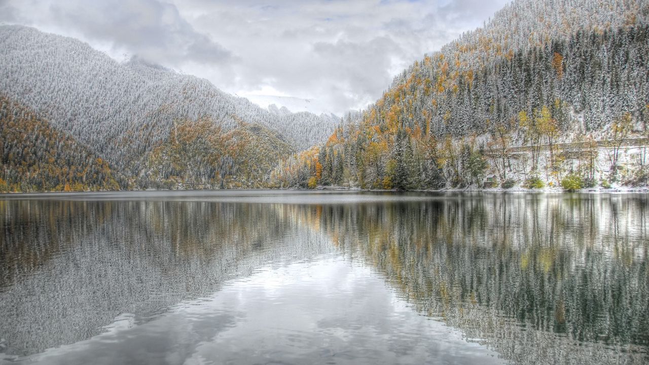 Wallpaper lake, winter, snow, hoarfrost, cool, reflection, ripples