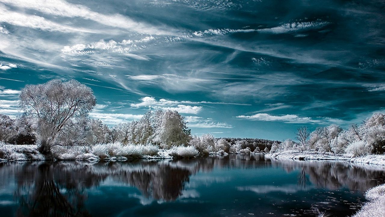 Wallpaper lake, winter, trees, clouds, reflection, hoarfrost, colors