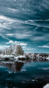 Preview wallpaper lake, winter, trees, clouds, reflection, hoarfrost, colors