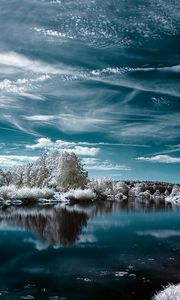 Preview wallpaper lake, winter, trees, clouds, reflection, hoarfrost, colors