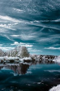 Preview wallpaper lake, winter, trees, clouds, reflection, hoarfrost, colors