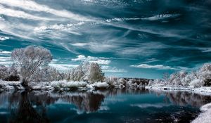 Preview wallpaper lake, winter, trees, clouds, reflection, hoarfrost, colors