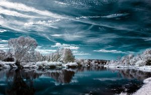 Preview wallpaper lake, winter, trees, clouds, reflection, hoarfrost, colors