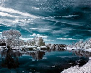 Preview wallpaper lake, winter, trees, clouds, reflection, hoarfrost, colors